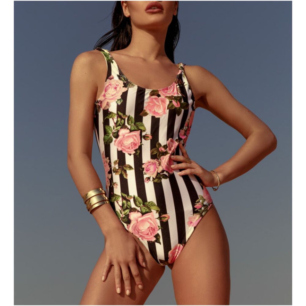 White Black Stripe Red Floral Padded One Piece Swimsuit Size XL